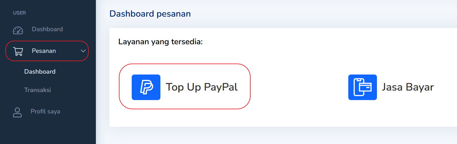 menu top up paypal